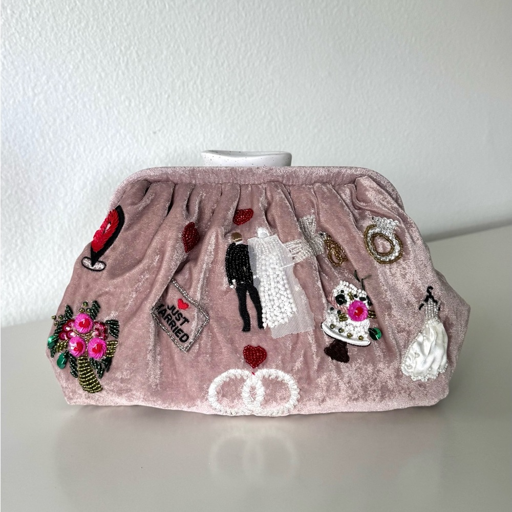 ‘Just Married’ Embroidered Velvet Beaded Wedding Clutch Purse, Soft Pink Multi